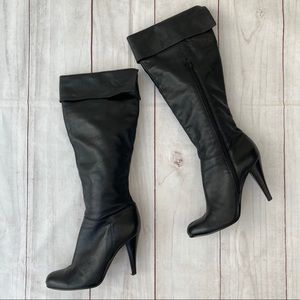 Nine West Black Leather Cuff Knee High Boots Heels